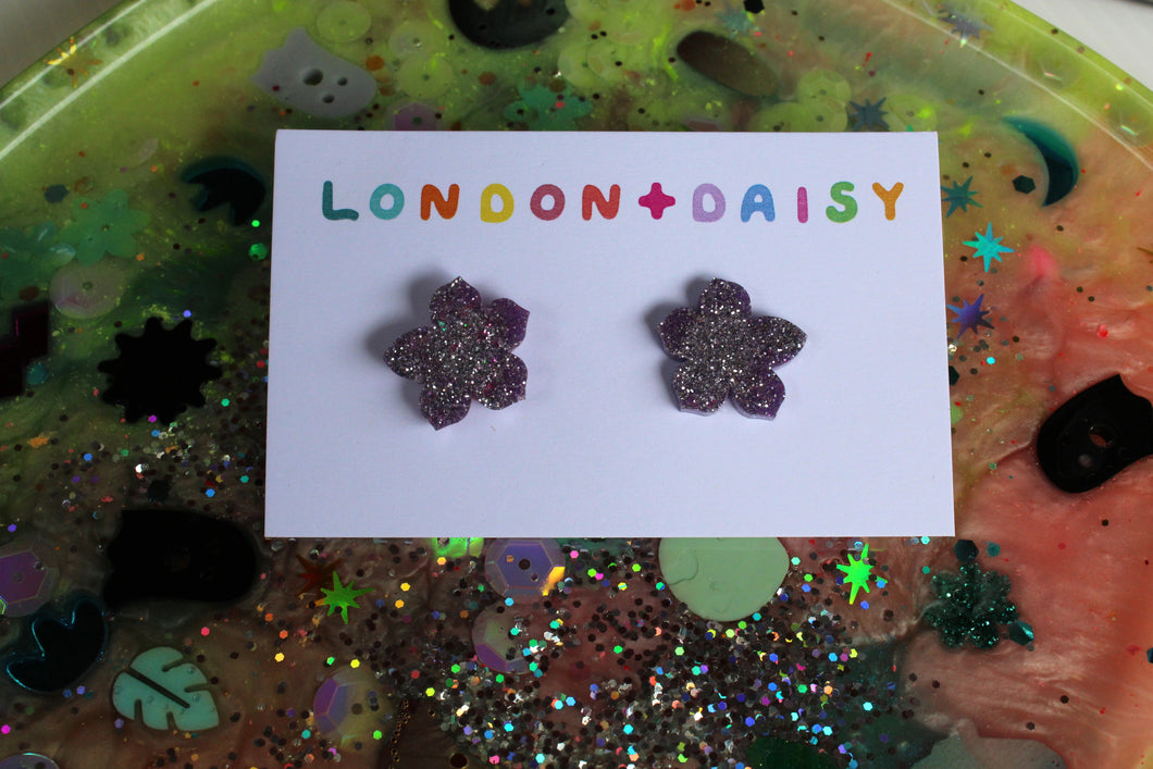 Lilac Sparkle Flower Power- Small Sparkly Resin Studs