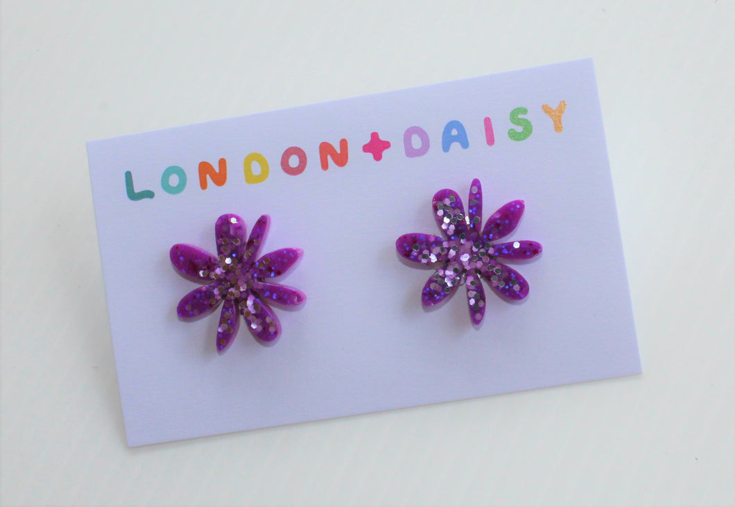 Purple Flower Power- Sparkly Resin Studs
